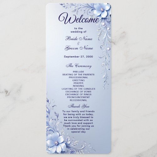 Blue Ornate Flowers with Pearls Wedding Program