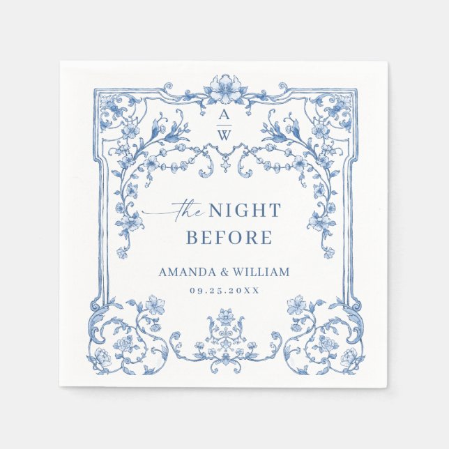 Blue Ornate Grace Victorian Boho Rehearsal Dinner Napkins (Front)
