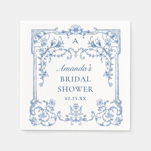 Blue Ornate Grace Victorian Floral Bridal Shower Napkins