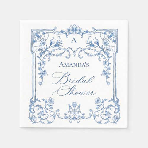 Blue Ornate Grace Victorian Floral Bridal Shower Napkins