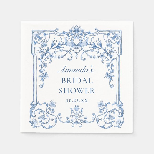 Blue Ornate Grace Victorian Floral Bridal Shower Napkins (Front)