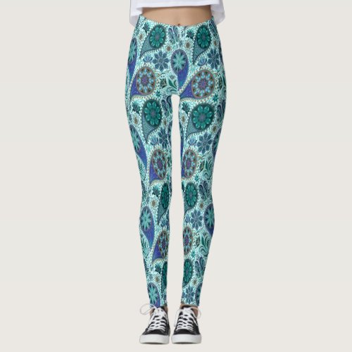 Blue Ornate Paisley Pattern Leggings