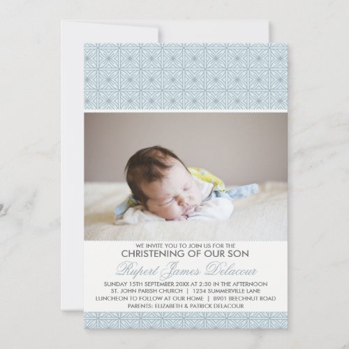 Blue Ornate Pattern Photo Christening Invitation