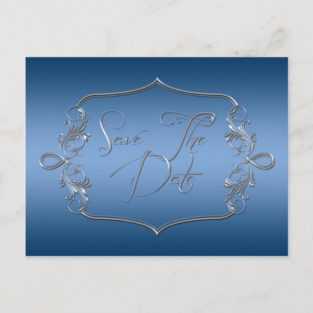 Blue Ornate Silver Save The Date Announcement Postcard (Front)