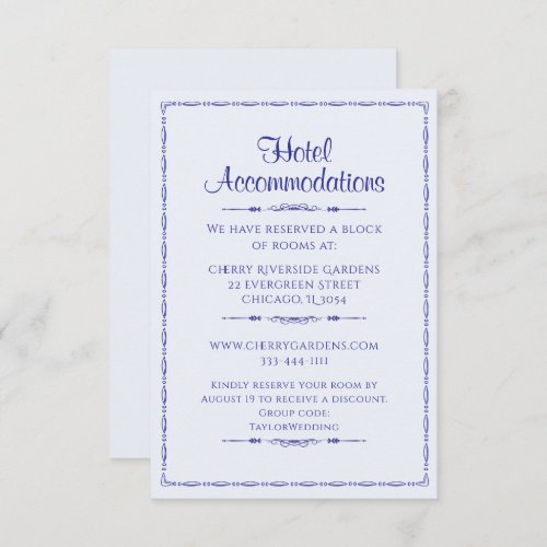 Blue Ornate Wedding Hotel Accommodation Enclosure Card