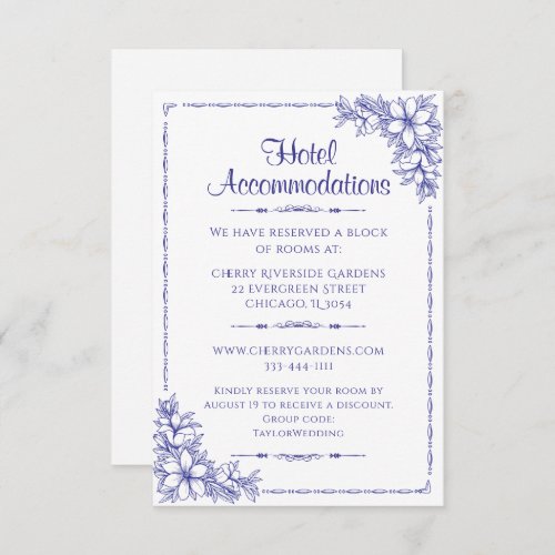 Blue Ornate Wedding Hotel Accommodation Enclosure Card