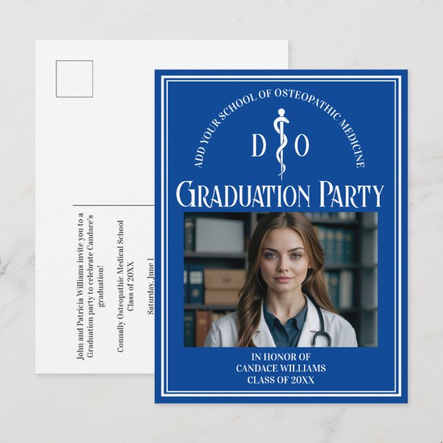Blue Osteopathic Medical School Graduation Party Invitation Postcard (Front/Back)