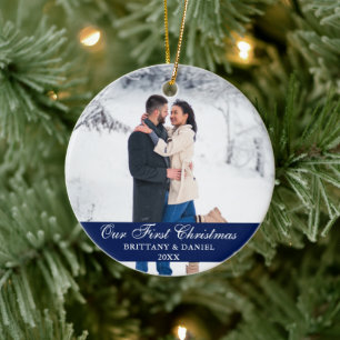 Blue Our First Christmas Couple Photo Ceramic Ornament