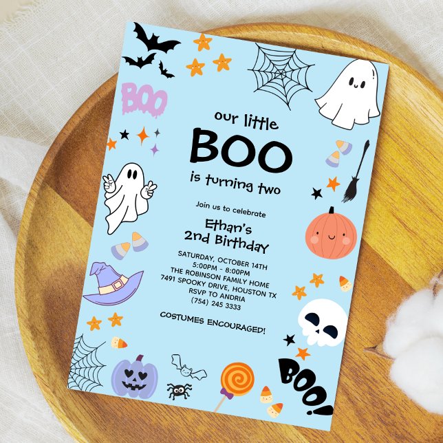 Blue Our Little Boo Boy Halloween 2nd Birthday  Invitation (Blue Our Little Boo Boy Halloween 2nd Birthday Invitation )