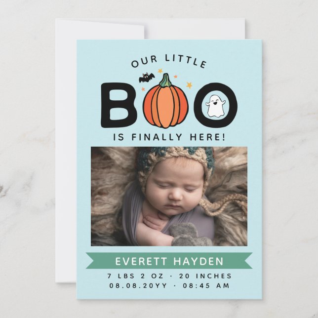 Blue Our Little Boo Finally Here Halloween Baby Announcement (Front)
