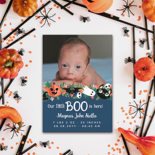 Blue Our Little Boo Is Here Halloween Baby Announcement