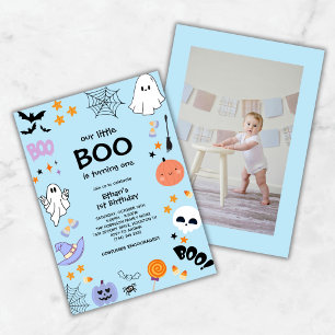 Blue Our Little Boo Photo Halloween 1st Birthday Invitation