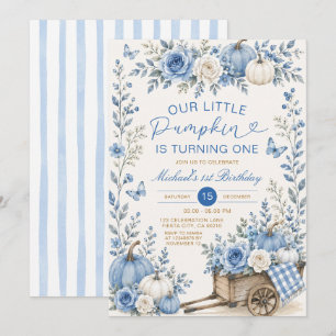 Blue Our Little Pumpkin 1st Birthday Autumn Floral Invitation