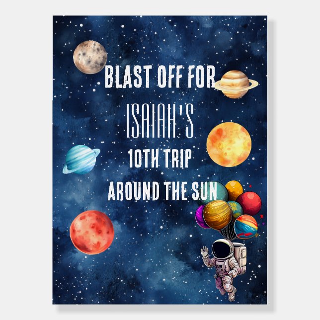 Blue Outer Space Planets Boy Birthday Welcome Sign (Front)