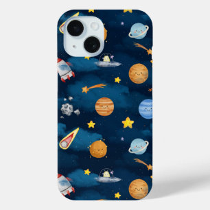Blue Outer Space Planets Seamless Pattern iPhone 15 Case