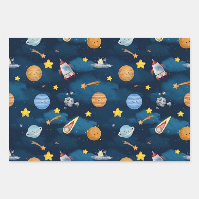 Blue Outer Space Planets Seamless Pattern Wrapping Paper Sheets (Front)