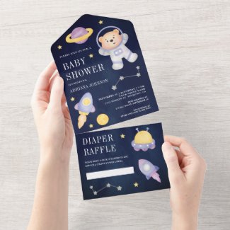Blue Outer Space Teddy Bear Astronaut Baby Shower All In One Invitation