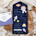 Blue Outer Space Teddy Bear Astronaut Baby Shower All In One Invitation<br><div class="desc">Amaze your guests with this modern space theme baby shower invite featuring a cute teddy bear in astronaut costume and modern typography with detachable diaper raffle card. Simply add your event details on this easy-to-use template to make it a one-of-a-kind invitation.</div>