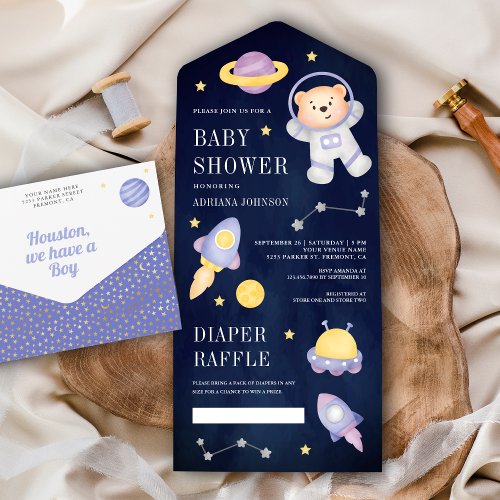 Blue Outer Space Teddy Bear Astronaut Baby Shower All In One Invitation