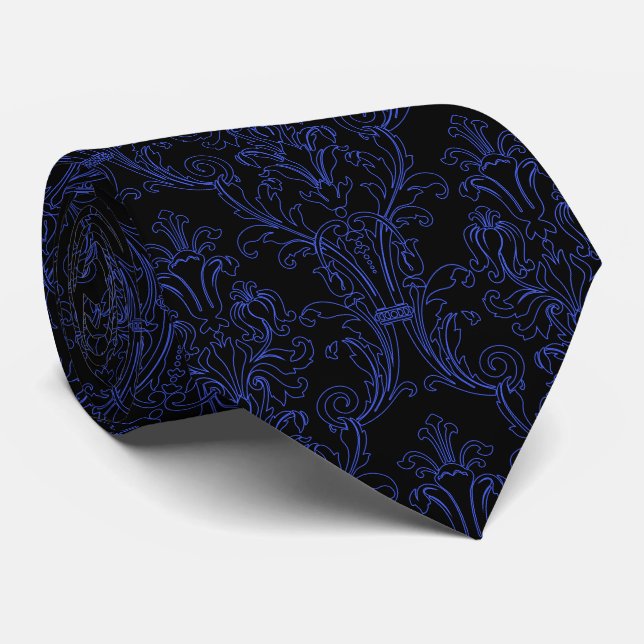 Blue Outline Black Damask Wedding Neck Tie (Rolled)