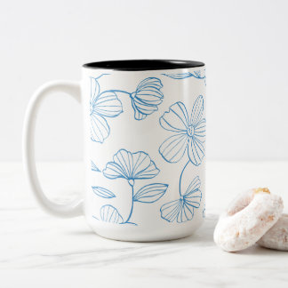 Blue Outlined Modern Floral Elegance Motif Two-Tone Coffee Mug