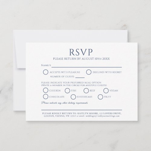 Blue oval leaf monogram meal option wedding event RSVP card