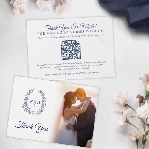 Blue oval leaves monogram wedding Photos QR Code Thank You Card