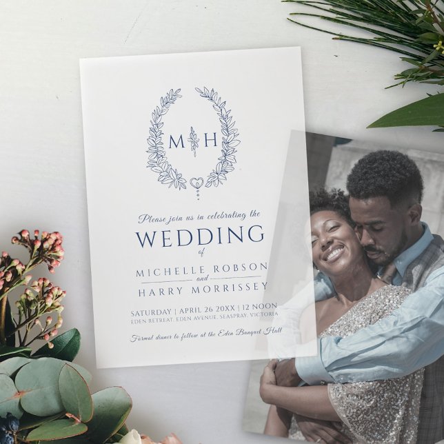 Blue oval monogram wedding vellum invitations (Creator Uploaded)