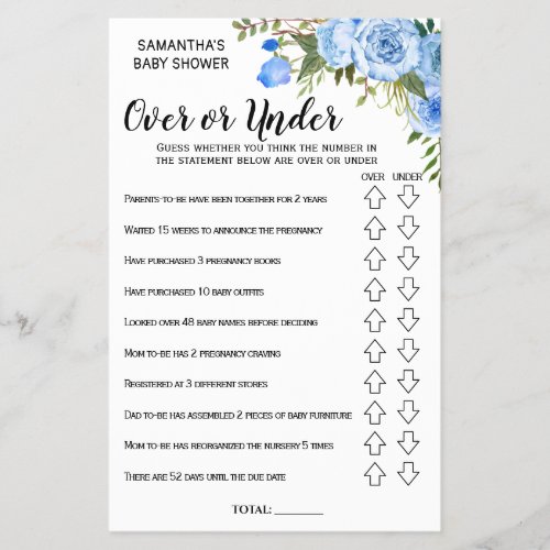 Blue Over or under baby shower bilingual game card Flyer