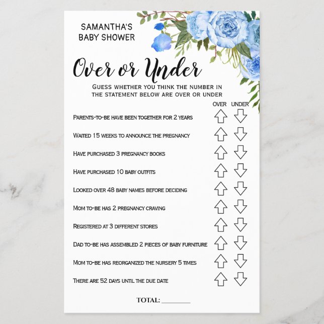 Blue Over or under baby shower bilingual game card Flyer (Front)