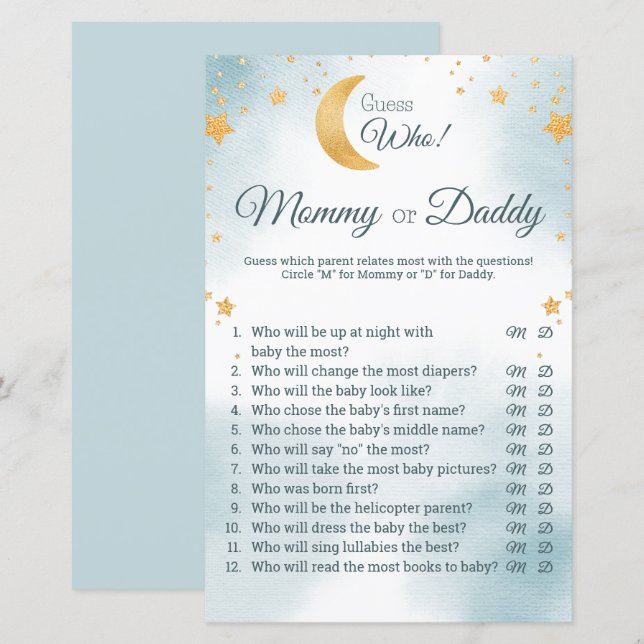 Blue Over the Moon Baby Shower Guess Who Game (Front/Back)