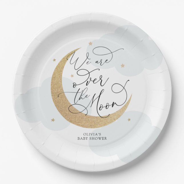 Blue Over the Moon Baby Shower Paper Plates (Front)