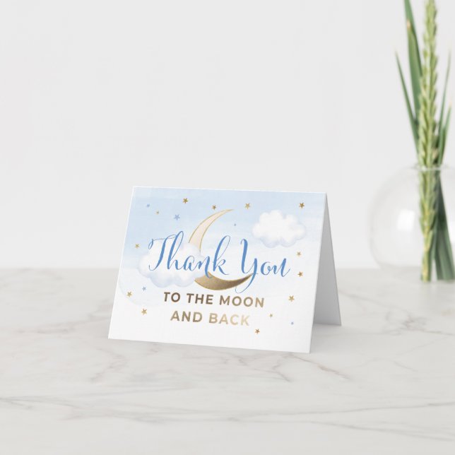 Blue Over the Moon Baby Shower Thank You Cards (Front)