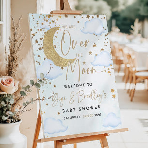 Blue Over the Moon Baby Shower Welcome Sign