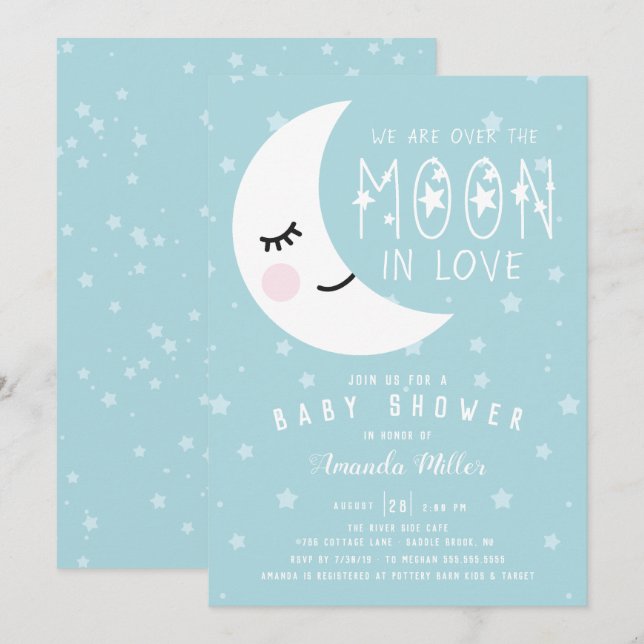 Blue Over The Moon Boy Baby Shower Invitation (Front/Back)