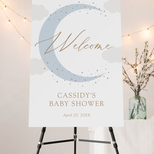 Blue Over the Moon Boy Baby Shower Welcome Sign (In Situ (Stand))