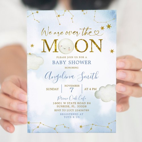 Blue Over The Moon Constellation Baby Shower Invitation