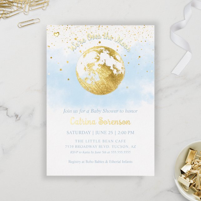 Blue Over the Moon Gold Celestial Boy Baby Shower Foil Invitation (Blue and Gold Over the Moon Baby Shower Invitation)