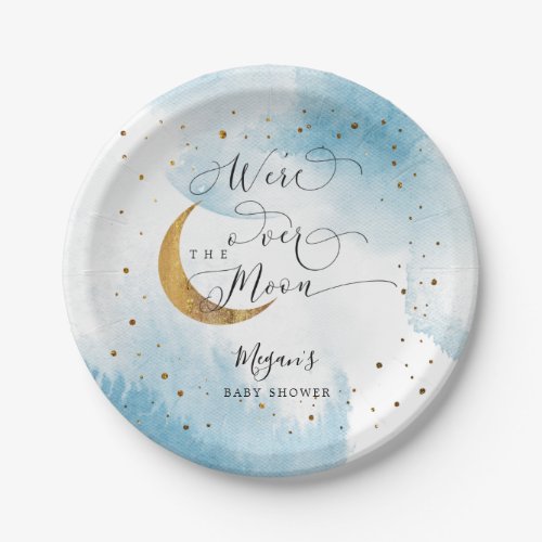 Blue Over the Moon Gold Stars Baby Shower Paper Plates