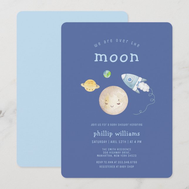 Blue Over The Moon Spaceship Rocket Baby Shower Invitation (Front/Back)