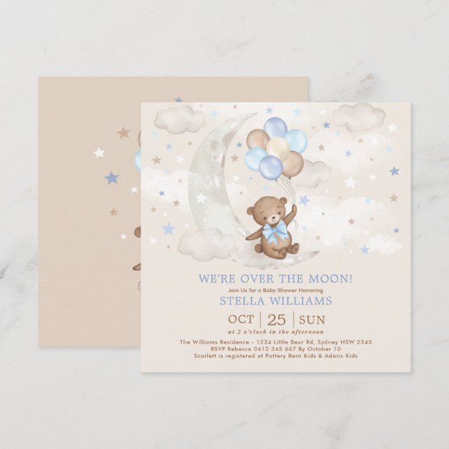 Blue Over the Moon Teddy Bear Balloons Baby Shower Invitation (Front/Back)