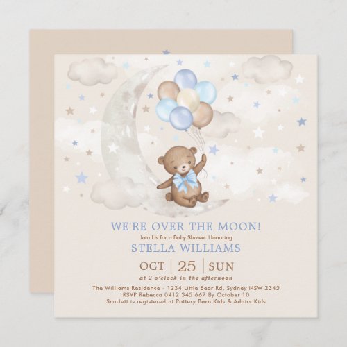 Blue Over the Moon Teddy Bear Balloons Baby Shower Invitation