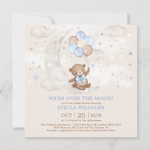 Blue Over the Moon Teddy Bear Balloons Baby Shower Invitation | Zazzle