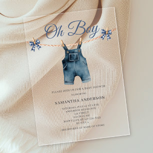 Blue Overalls Oh Boy Baby Shower Acrylic Invitations