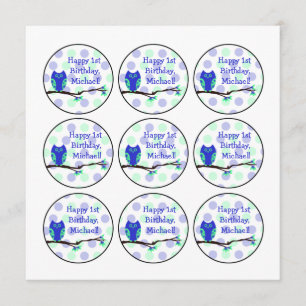 Blue Owl 1st Birthday Cupcake Toppers Invitation