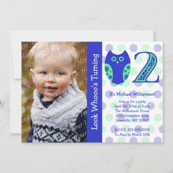 Blue Owl 2nd Birthday Party Photo Invitations by Joyful_Expressions at Zazzle