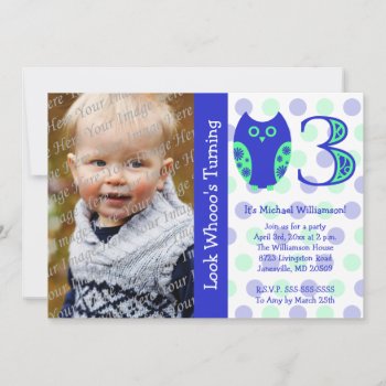 Blue Owl 3rd Birthday Party Photo Invitations by Joyful_Expressions at Zazzle