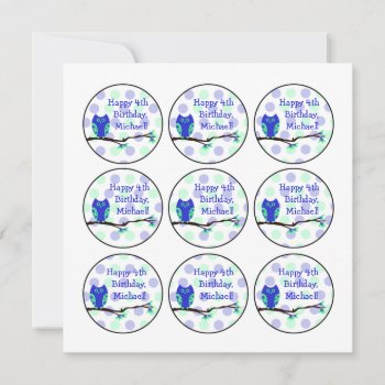 Blue Owl 4th Birthday Cupcake Toppers Invitation by Joyful_Expressions at Zazzle