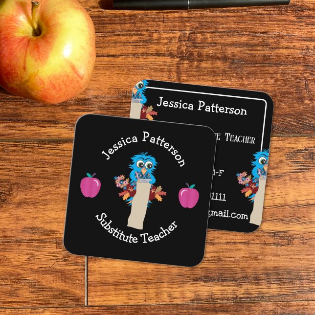 Blue Owl and Apples Educator Contact Cards (Two-sided faux chalkboard square educator business cards with a blue owl and  two apples .)