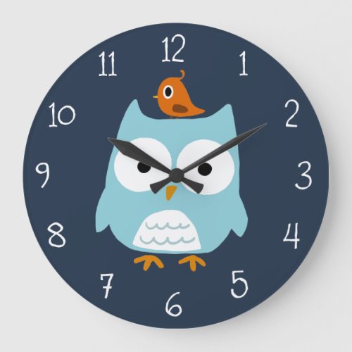 Blue Owl and Cute Orange Bird Large Clock